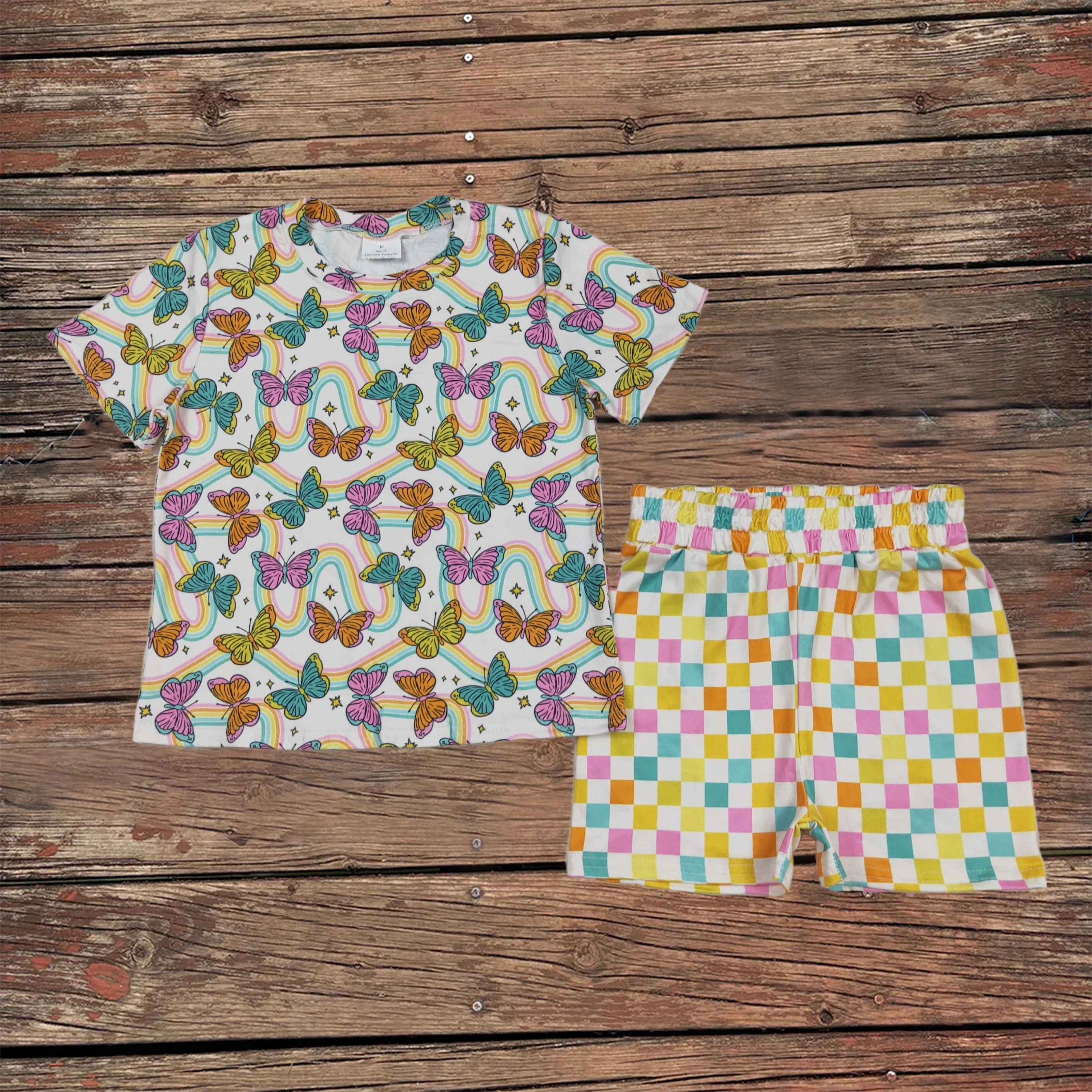 

Wholesale Baby Girls Butterfly Rainbows Top Colorful Plaid Shorts Children Short Sleeves Summer Pajamas Sets Kid Toddler Outfits