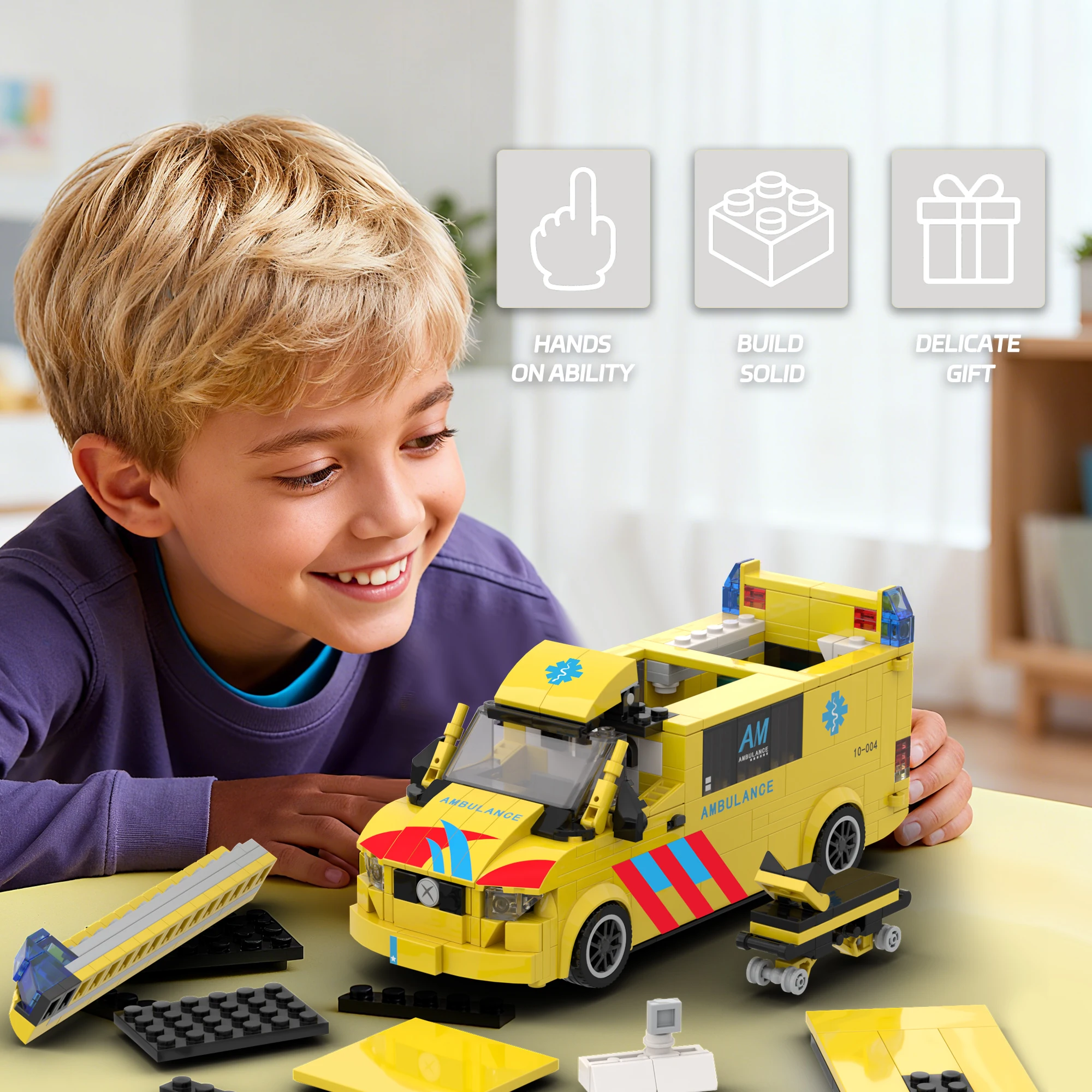 유럽식 구급차 모형 교육용 장난감 조립 장식품, 블록 장난감 자동차 모델, 어린이 생일 선물.