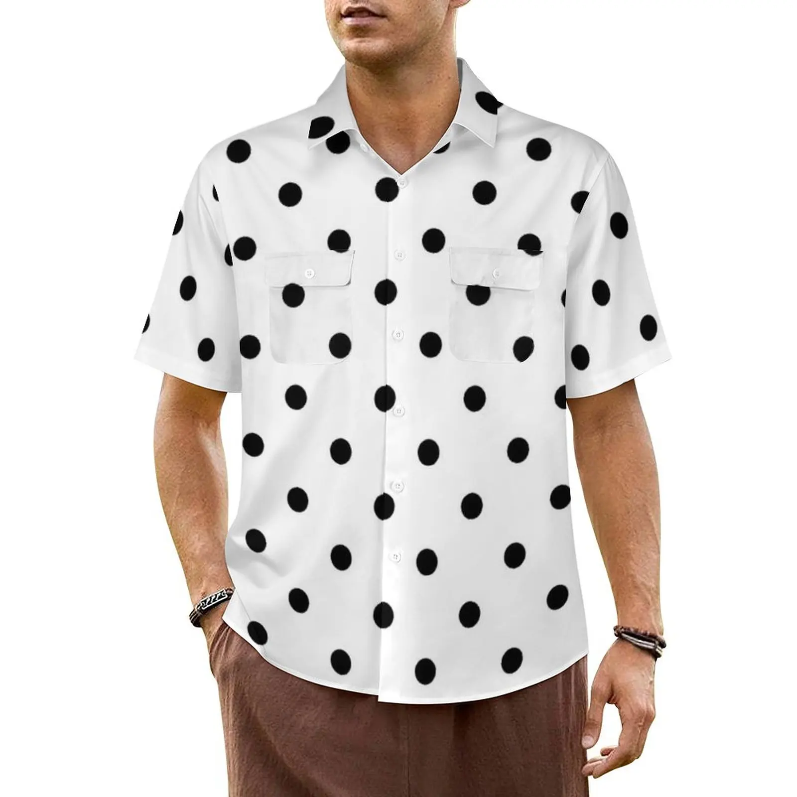 

Hawaiian Shirt Classic Polka Dot Blouses White Black Polkadots Retro Elegant Casual Shirts Man Short Sleeve Oversized Clothes