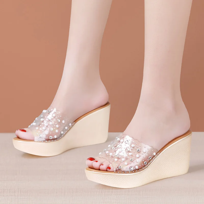 Sandali con zeppa con tacco alto da 8cm per donna scarpe estive con strass trasparenti Open Toe Gold