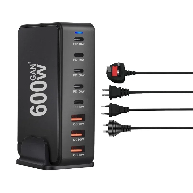 Novo carregador 600W GaN Fast Charge 3.0 USB-C com 8 portas 5C3A PD, portátil e adequado para tablets