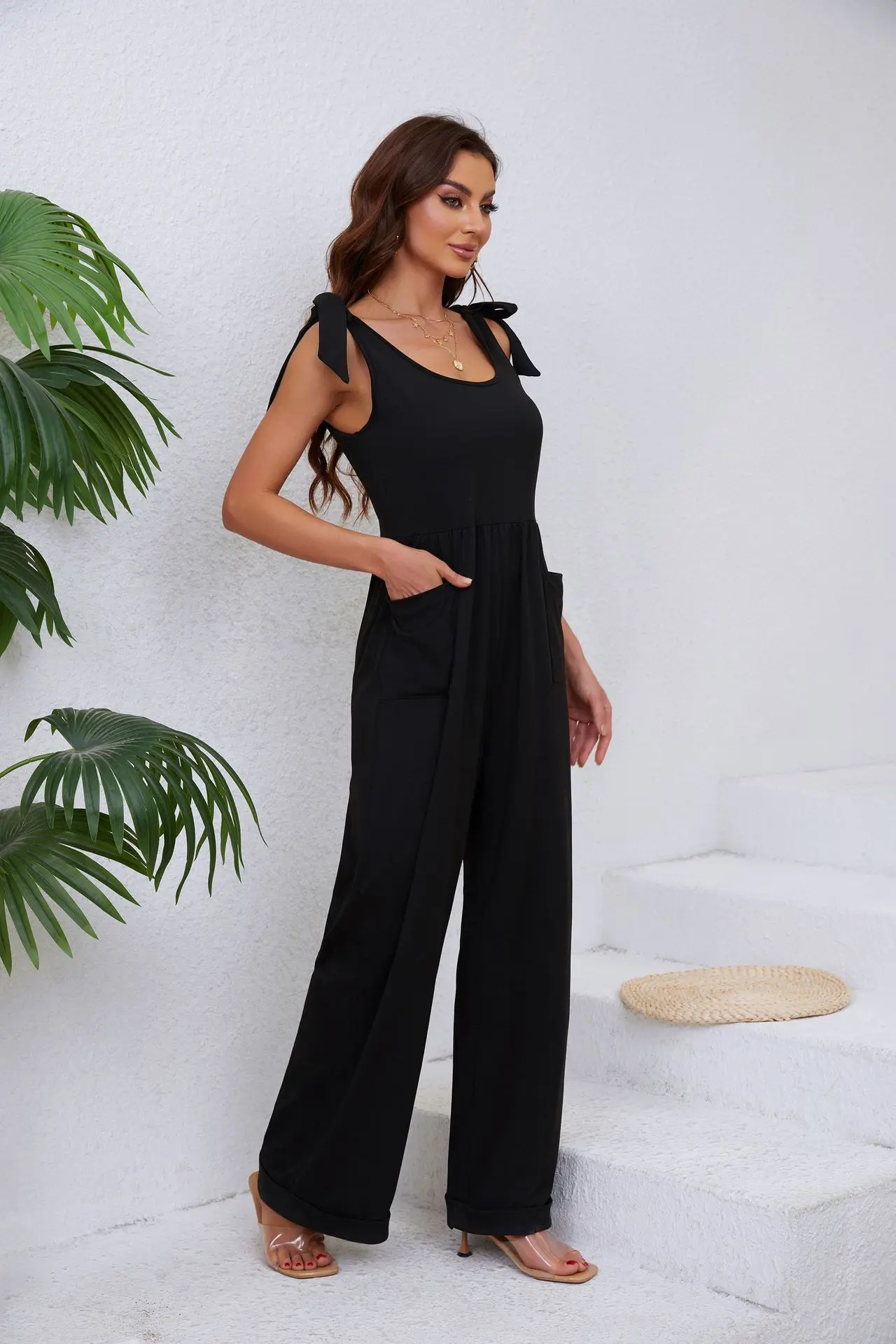 

2024 Summer New Women's Solid Color Pocket Lace-up Wide-Leg Jumpsuit Big U-neck Pants