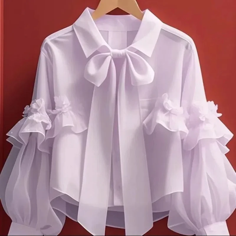 White Chiffon Shirt for Women New Spring Autumn Sweet Pleated Patchwork Solid Office Blouse Elegant Fashion Clothing Clothing