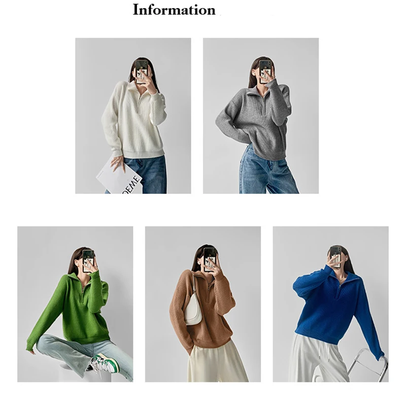 Autumn Winter Pullover Sweater Women\'s Zipper Semi Open Collar Korean Style Long Sleeved Knitted Sweaters Solid Color Top