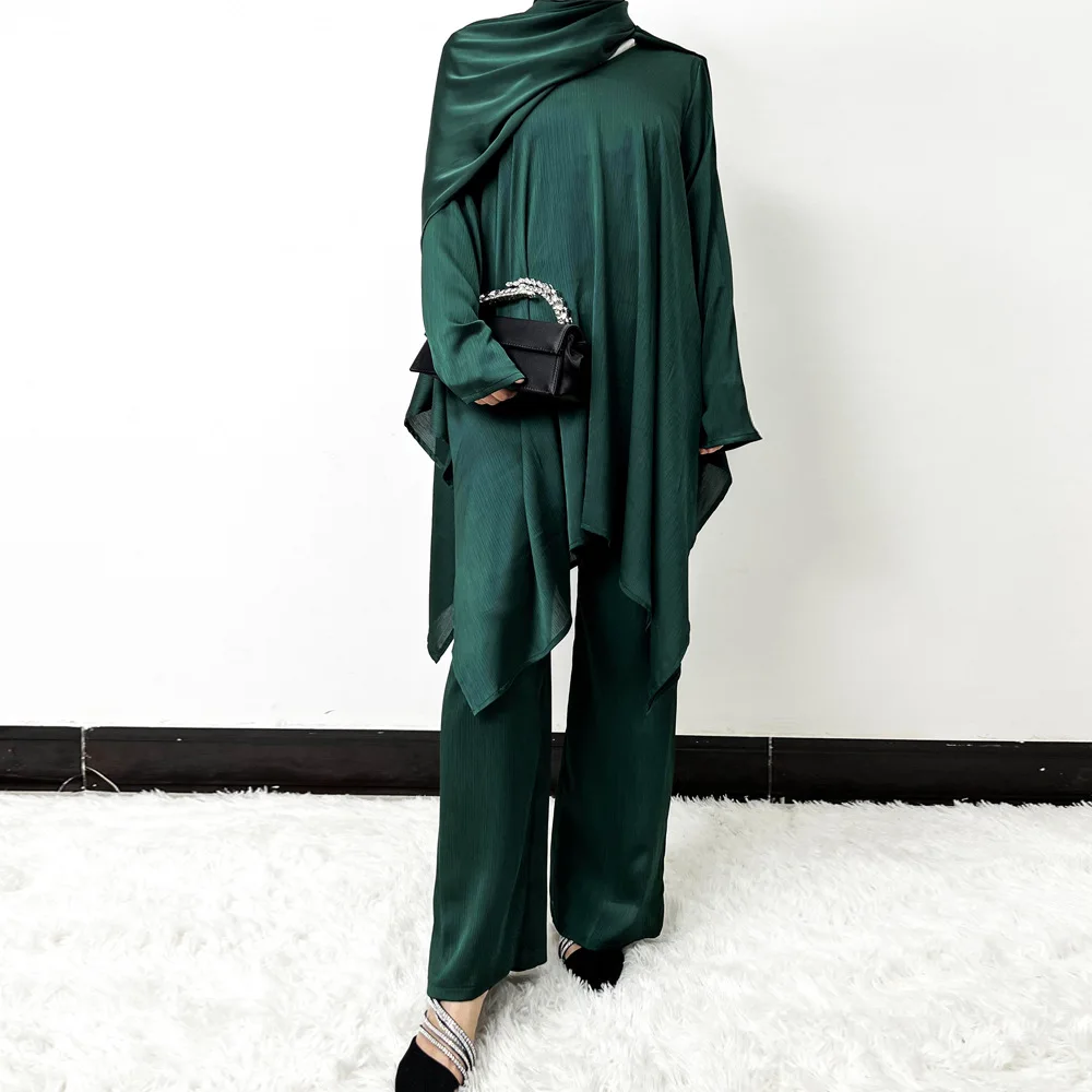

Arab Women Blouse Muslim Fashion Matching Sets Women's Elegant Tracksuit Casual Solid Shirt+Wide Leg Pants Suit Modest Clothing