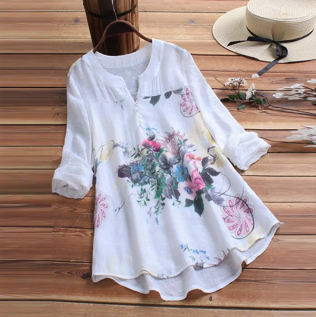 Floral Printing Vintage Shirt Tops Long Sleeves V-Neck Women's Blouse Women's Cotton And Linen Loose Casual Soft Shirt Tops