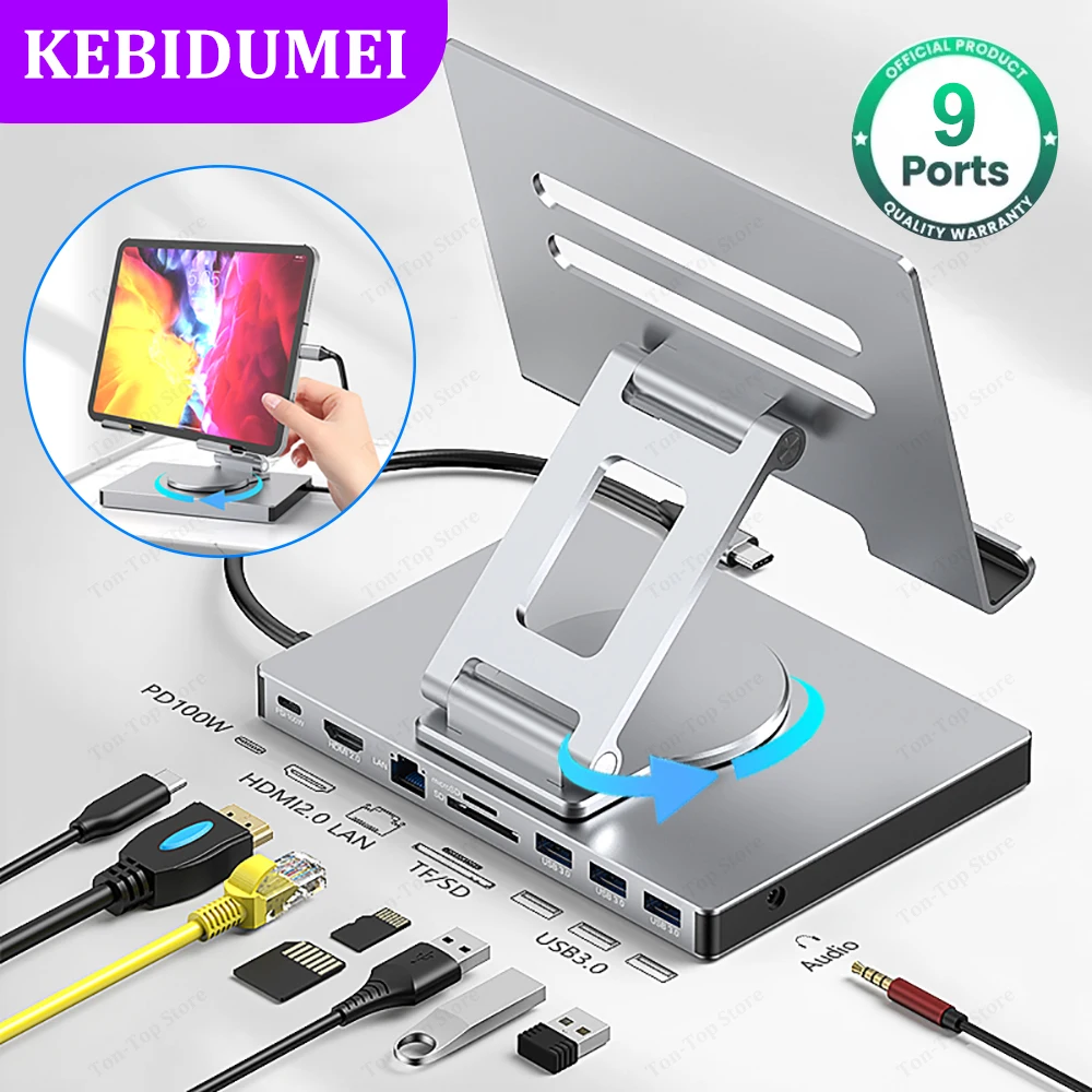 9-in-1 USB C Docking Station for Tablet USB C HUB Type C to HDMI2.0 Adapter 4K60Hz 5Gbps USB3.0 1000Mbps Adapter for PC Laptop