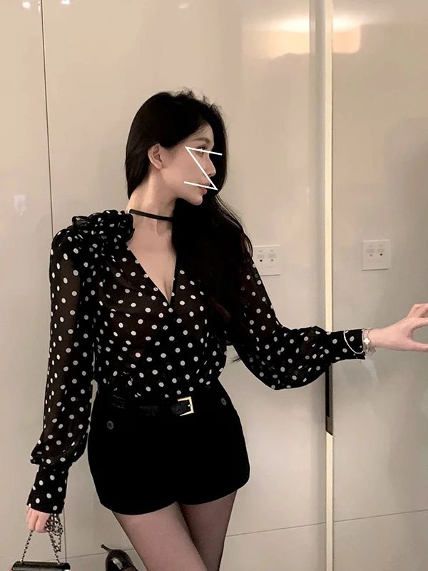 

Сексуальный женский топ из шифона с V-образным вырезом, принтом в горошек, свободного кроя, с цветочным узором, завязками и длинными рукавами, Ele Light Maturi Sle