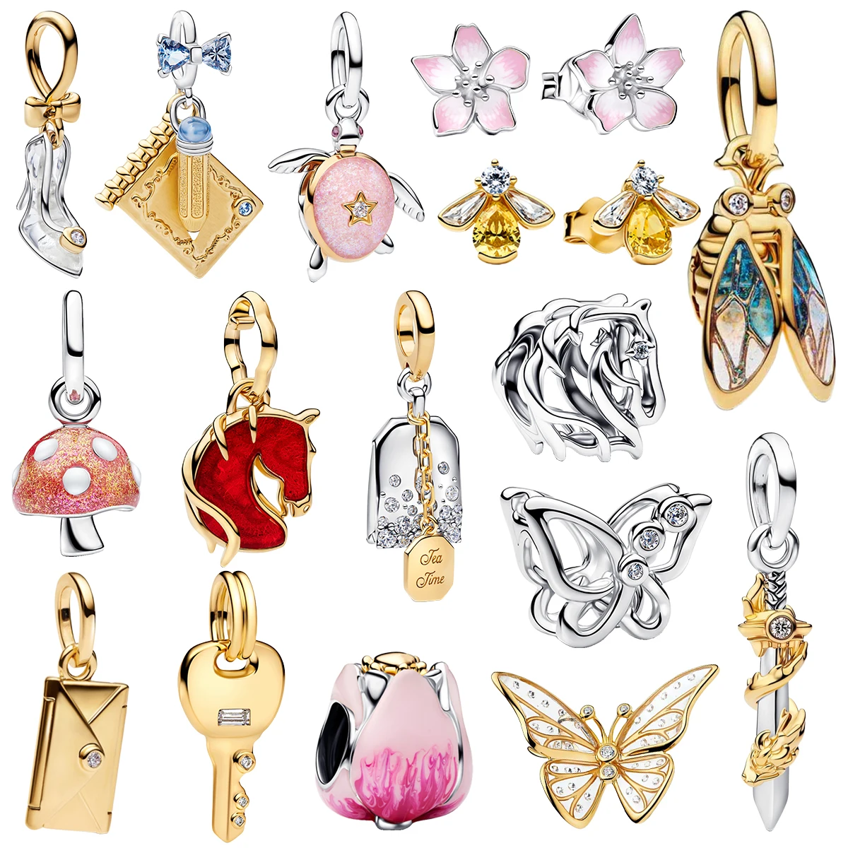 Pingente de Sapatilha de Vidro Vintage Prata Rosa com Envelope Floral, Tulipa, Tartaruga, Cigarra, Borboleta, Contas para Colar e Pulseira
