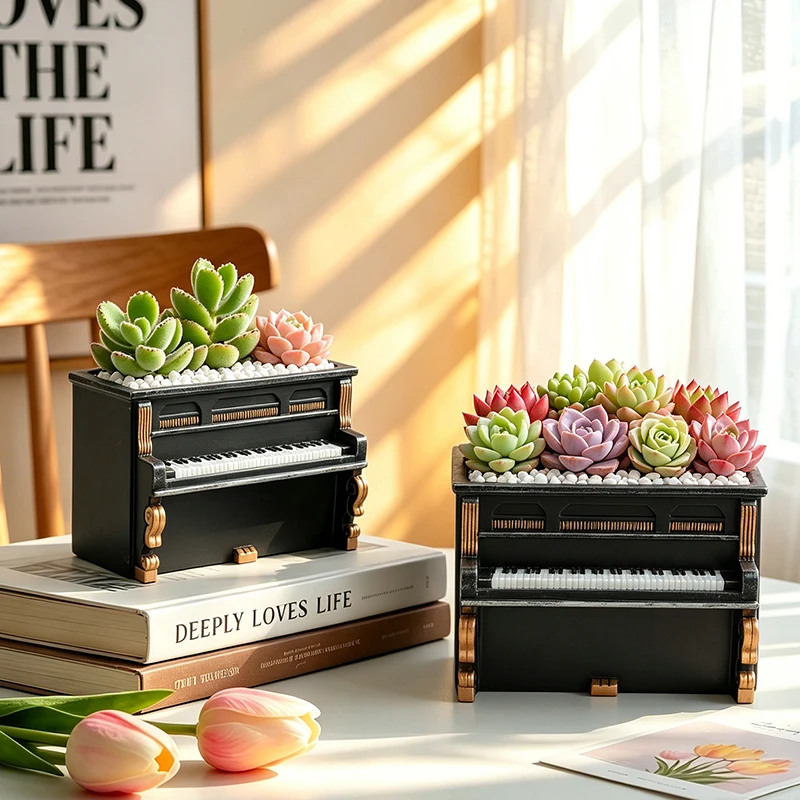 Mini pot de fleurs créatif en forme de piano, style rétro, en résine, pour plantes succulentes, petites plantes, décoration de bureau à domicile
