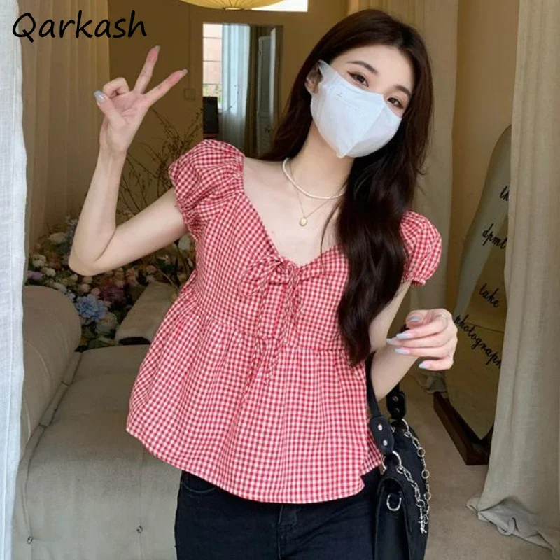 

Puff Sleeve Blouses Women Tops Plaid Sweet Casual Bandage Tender Holiday Summer Aesthetic Clothes Korean Style All-match Blusas
