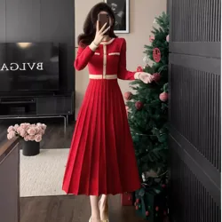 High Quality Elegant Autumn Pleated Midi Dress New Fashion Women O Neck Long Sleeve Knitted Hit Color Pearl Button Sweater Dress