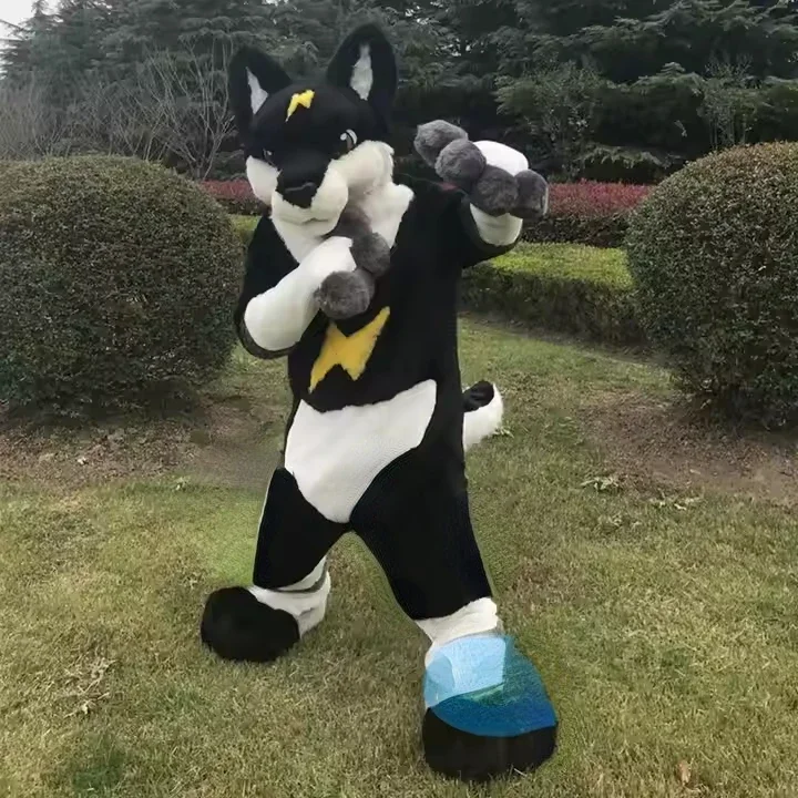 

Christmas White Black Fursuit Husky Fox Dog Mascot Costume Yellow Halloween Christmas Fancy Party Animal Cartoon Character O