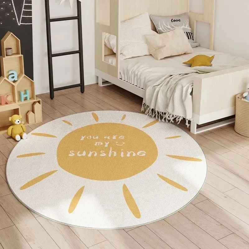 Cute Rainbow Smiley Round Area Rug Soft Non‑Slip Floor Carpet Happy Slogan Art Mat for Kids Room Bedroom Sofa Home Decor