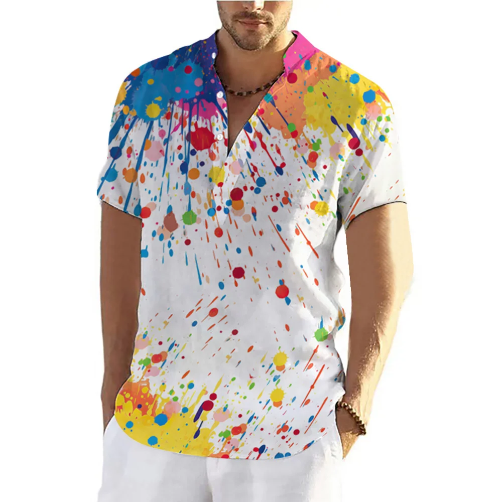 Summer Graffiti 3D Printed Henley Shirts Men's Fashion Oversized Button Stand Collar Short Sleeve T Shirt Tees Tops Man Clothing