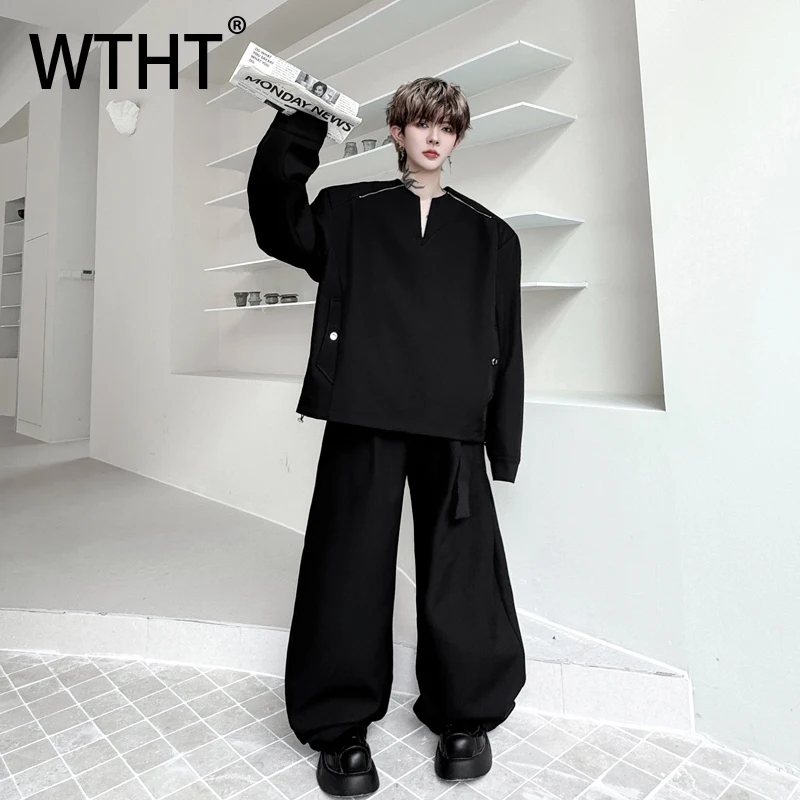 

WTHT Fashion 2025 Autumn Men's Set Solid Color Zipper Round Neck T-shirts Casual High-waisted Loose Pants Suit Male 2A1693