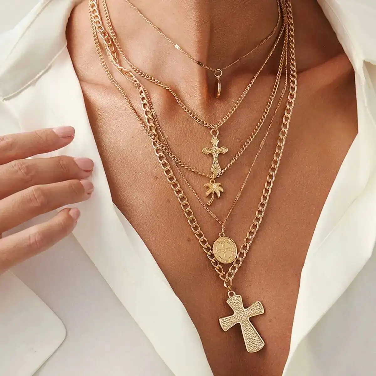

SHIXIN 5 Pcs/Set Hip Hop Coconut Tree Coin Jesus Cross Pendant Necklace for Women Goth Multilayer Stacked Clavicle Chain Choker