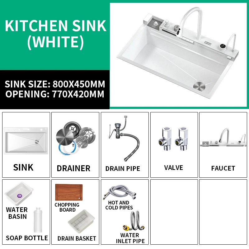 White flying rain waterfall sink integrated multi-functional large single slot 304 stainless steel vegetable washing sink