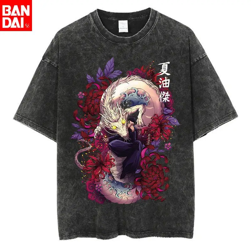 Jujutsu Kaisen Suguru Geto Grüner Drache & Göttlicher Hund Vintage Wash Print T-Shirt Herren 2026 Sommer Schwarz Oversized Tee Anime