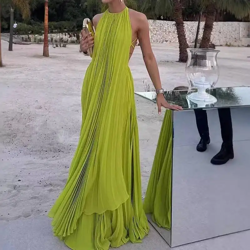 

Elegant O-neck Sleeveless Long Dress Set Sexy Backless Hollow Out Solid Loose 2Pc Suits Women Fashion Pleated Holiday Outfits