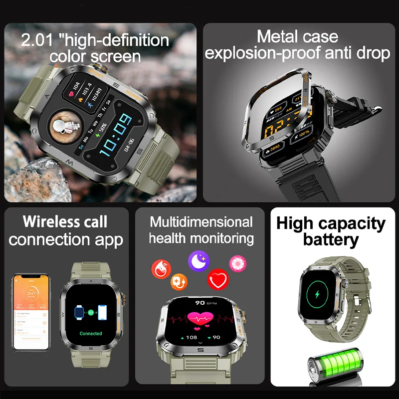 Montre intelligente militaire robuste pour homme, étanche IP68, détection de fréquence cardiaque, appel Bluetooth, montre intelligente de sport pour