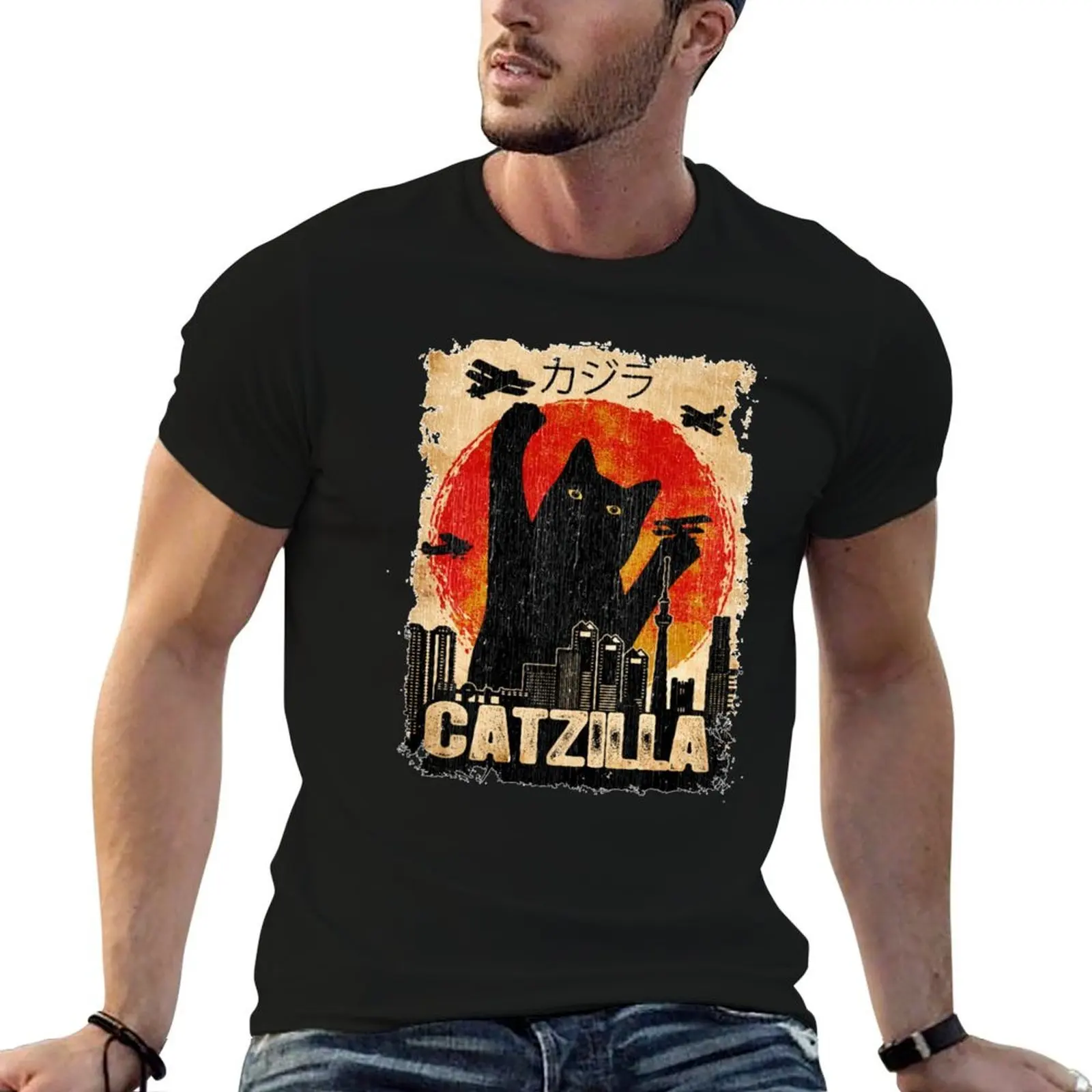 Vintage Catzilla Funny Black Cat T Shirt Premium T T-Shirt man luxury cotton man T-Shirt