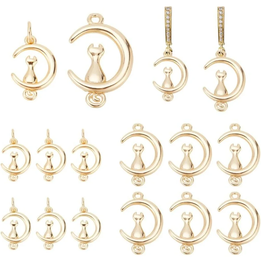 

16 Pcs Moons with Cat Charms 2 Sizes Brass Cat On Moons Pendants with Hole Beautiful Animal Earring Ornaments for Jewelry