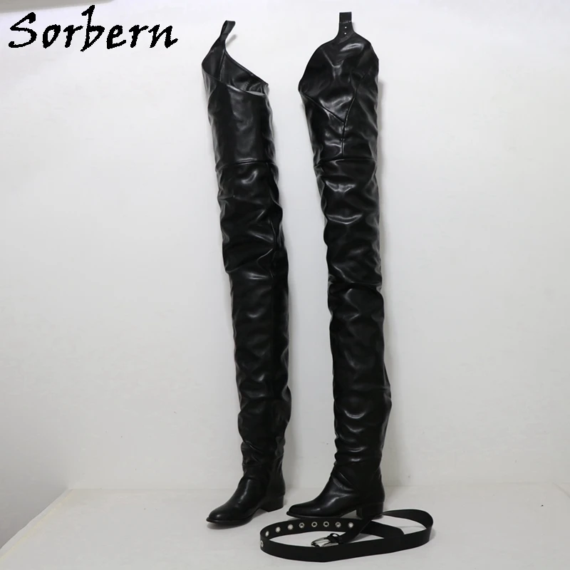 Sorbern Customized 110Cm Crotch Boots Unisex 130Cm Outside Low Heels Fetish Boot With Belt Round Toe Square Heel Multi Color