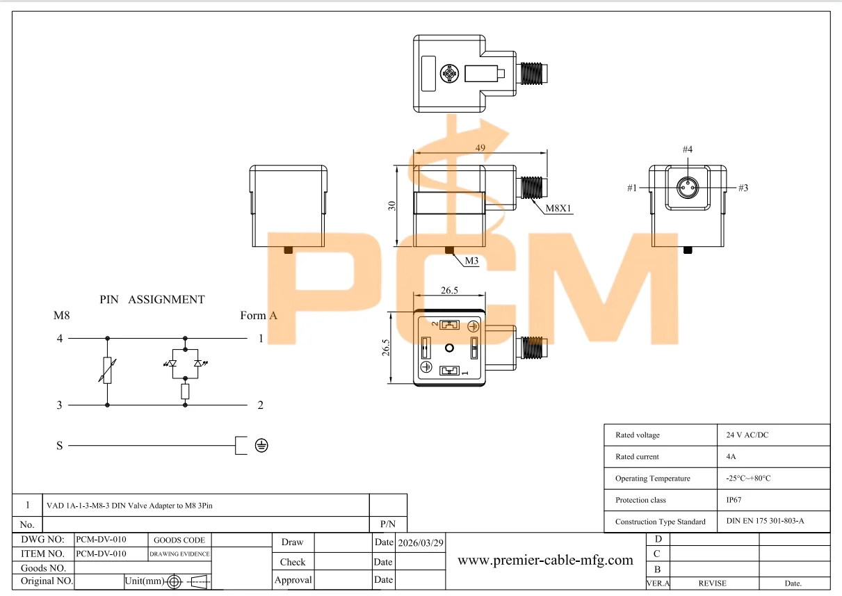 DIN 43650 Form A bis M8 3-Pin-Adapterkabel Kompatibel mit Hirschmann VAD 1A-1-3-M8-3 12142 Magnetventilanschluss – Detail 3