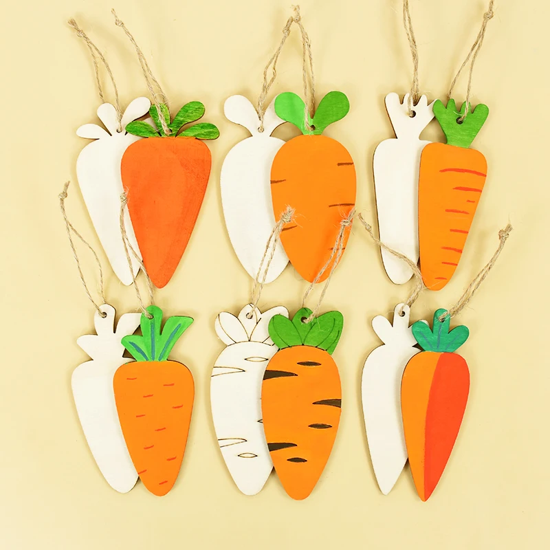 12pcs Easter Carrots Wood Slices DIY Unfinished Wood Crafts Easter Hanging Ornaments For Happy Easter Party Gifts Kids Graffiti