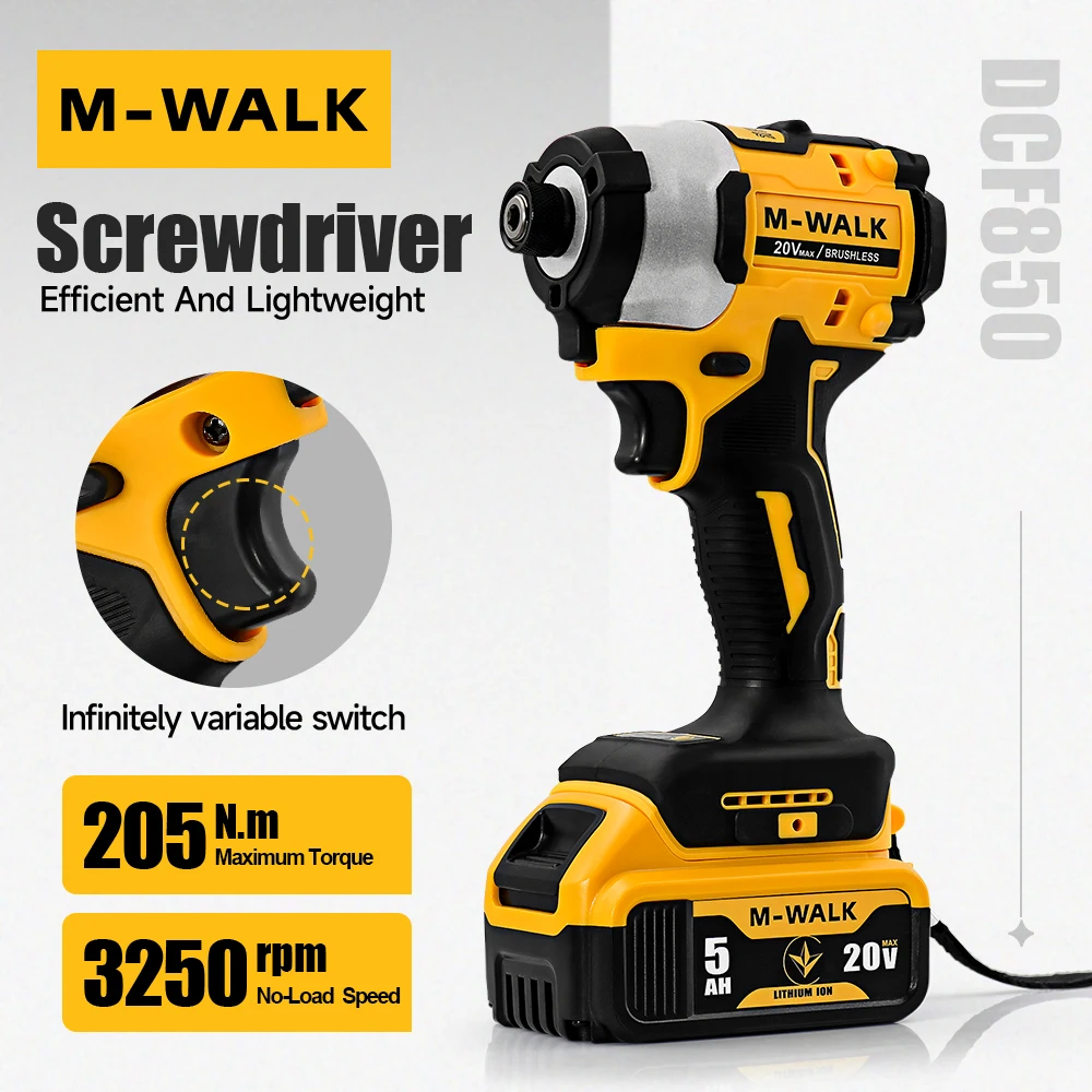 

M-WALK Ударный привод DCF850 Электрический привод Бесщеточные беспроводные отвертки с частотой вращения 3250 об/мин Электроинструменты с высоким крутящим моментом для разъема аккумулятора Dewalt 20V