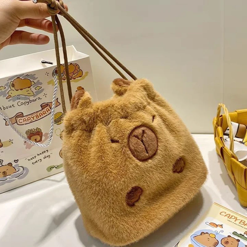 Cute Plush Capybara Storage Bag Large Capacity Cosmetic Bags Portable Drawstring Pocket Gift