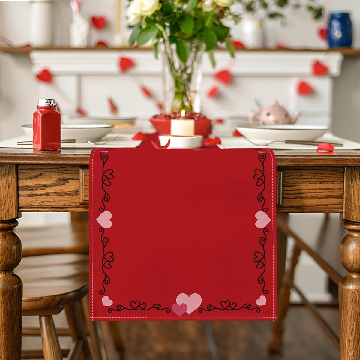 Valentine's Day Heart-Shaped Border Table Runner - Scalloped Romantic Fabric Multi-Size for Wedding Party Dining Decor