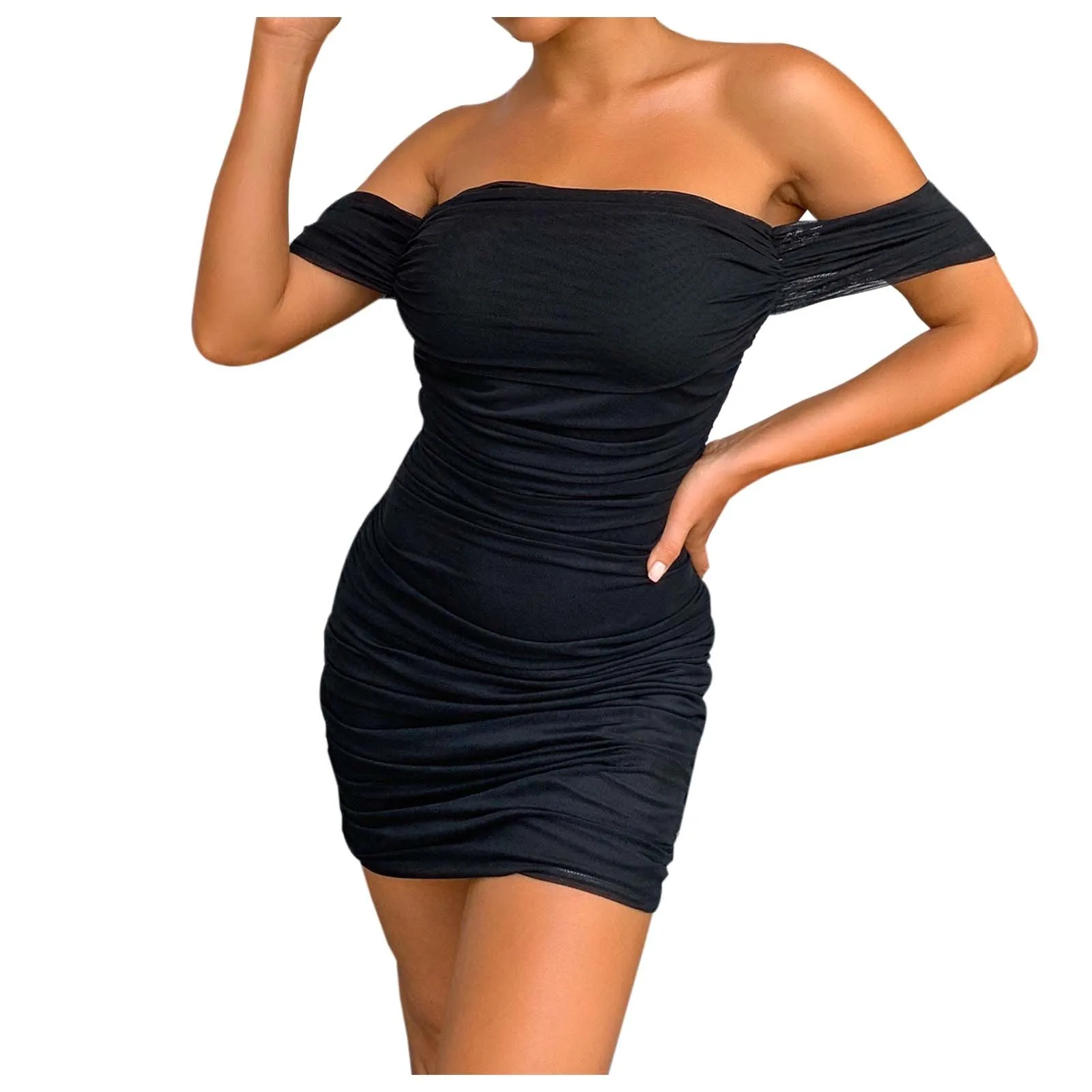 

Модное женское облегающее мини-платье с открытыми плечами и рюшами, Короткое облегающее платье без рукавов с открытой спиной, элегантные Клубные вечерние платья