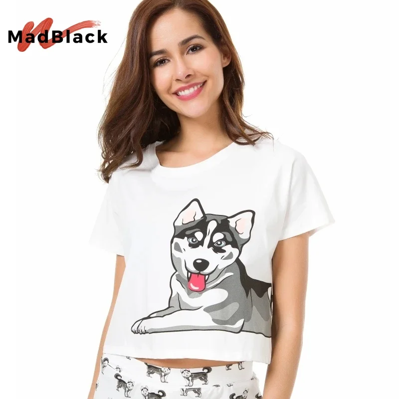 

Madblack, женская пижамная рубашка с принтом собаки, укороченный топ, свободная пижама для отдыха, домашняя одежда, белые повседневные топы, весна-осень