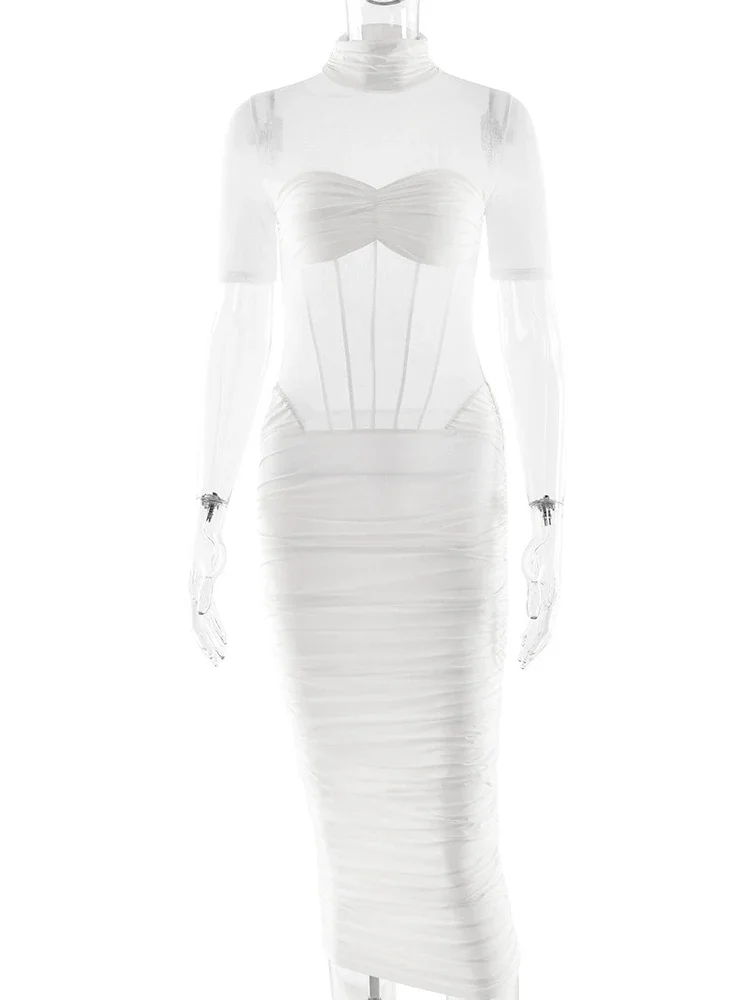 Chaxiaoa الياقة المدورة قصيرة الأكمام مثير ميدي فستان المرأة ثوب موضة أنيقة شبكة سوداء سستة Bodycon نادي فساتين طويلة للحفلات