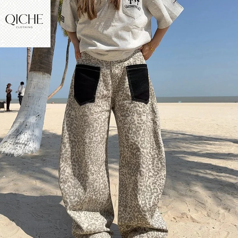 QICHE Leopard Patch Pocket Denim Pants Men Loose Wide Leg Straight Cut Casual Daily Jeans