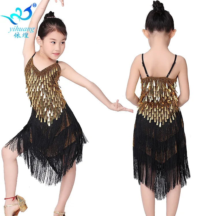 1 Stks/partij Kinderen Mode Sequin Tassel Dansen Jurk Meisje Prestaties Tango Cha Cha Dansen Jurk