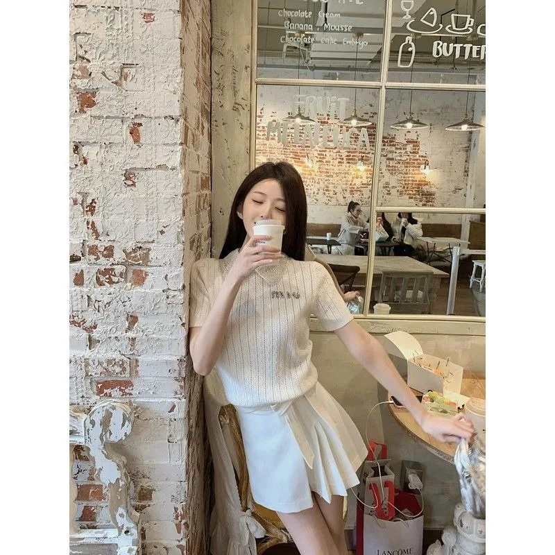 Sweet Doll Collar Knit Short Sleeve T-shirt Female Minority Temperament Academy Ins Small Fragrance Style All Matching Slim Top