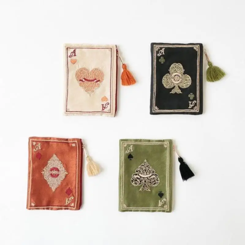 Hand Embroidered Playing Card Pattern Cosmetic Bag Ethnic Japanese Retro Fringed Portable Change Card Storage Bag