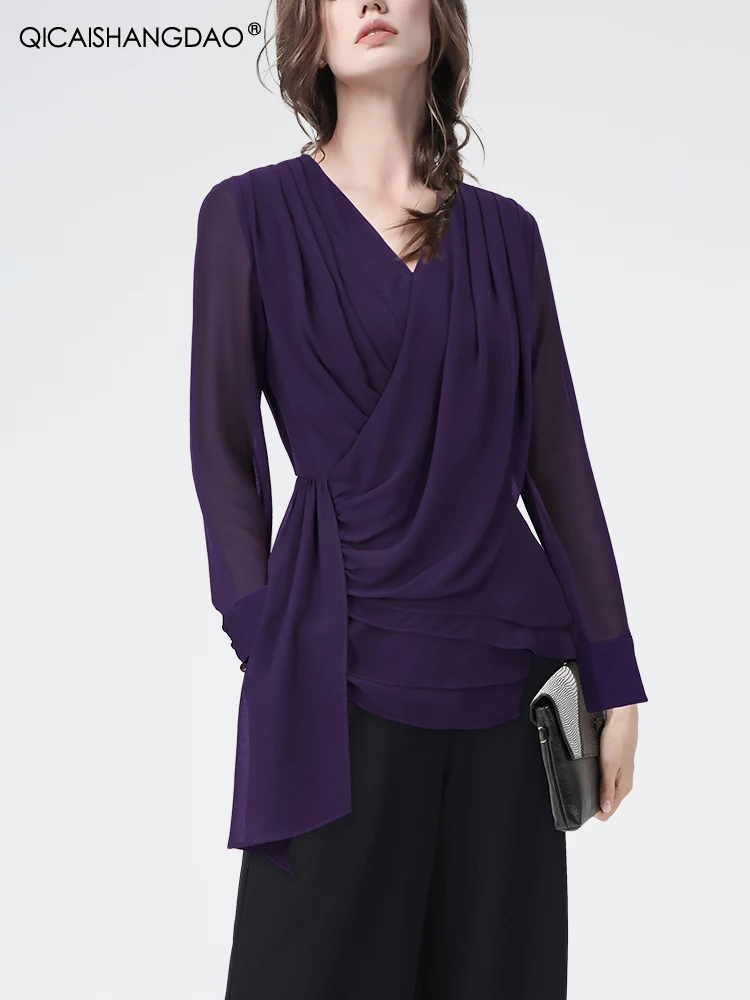 Women Long Sleeve V-Neck Crossed Purple Casual Shirt Elegant Slim Chiffon Tops With Belt 2024 Fall New Ladies Blouses