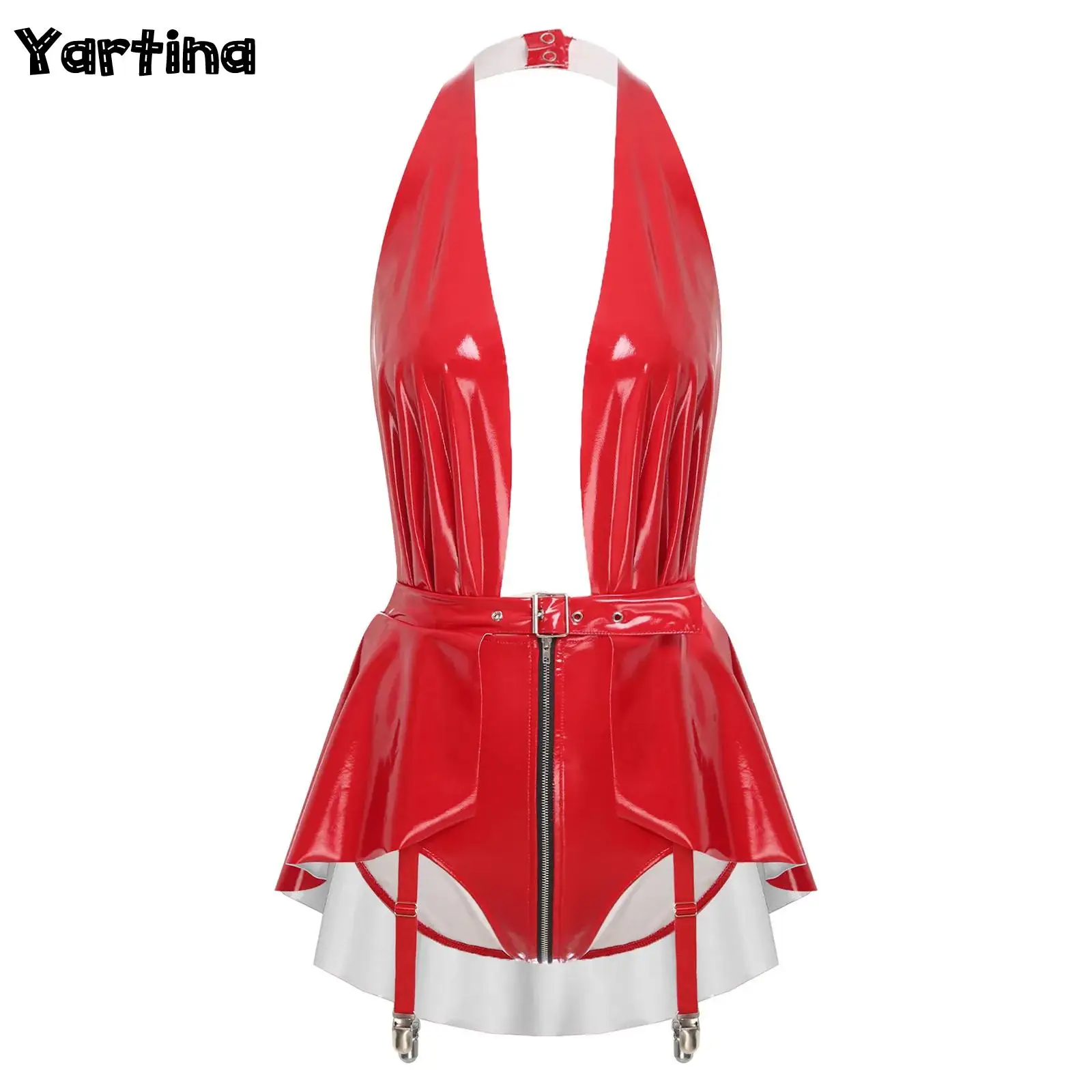 

Womens Glossy Bodysuit Halter Deep V Neck Backless Zipper Crotch with Skit Hem and Garters Jumpsuit for Single Party Raves Club