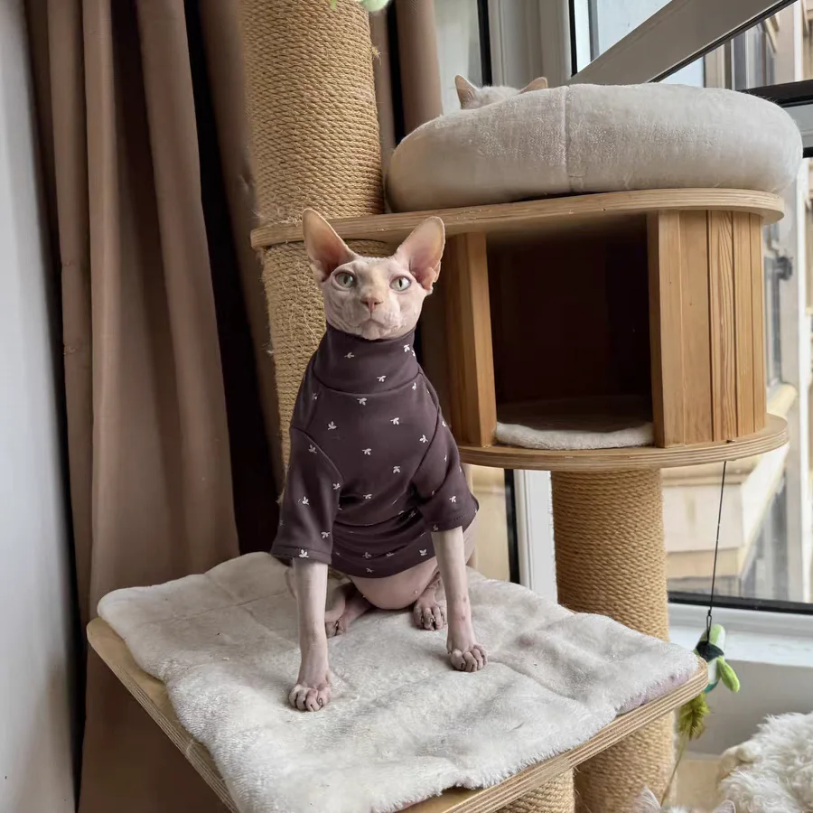 Cat Clothing for Winter Thick Cotton Floral Coat for Sphinx Spring Coffee Undershirt for Cats Soft Loungewear for Hairless Cat