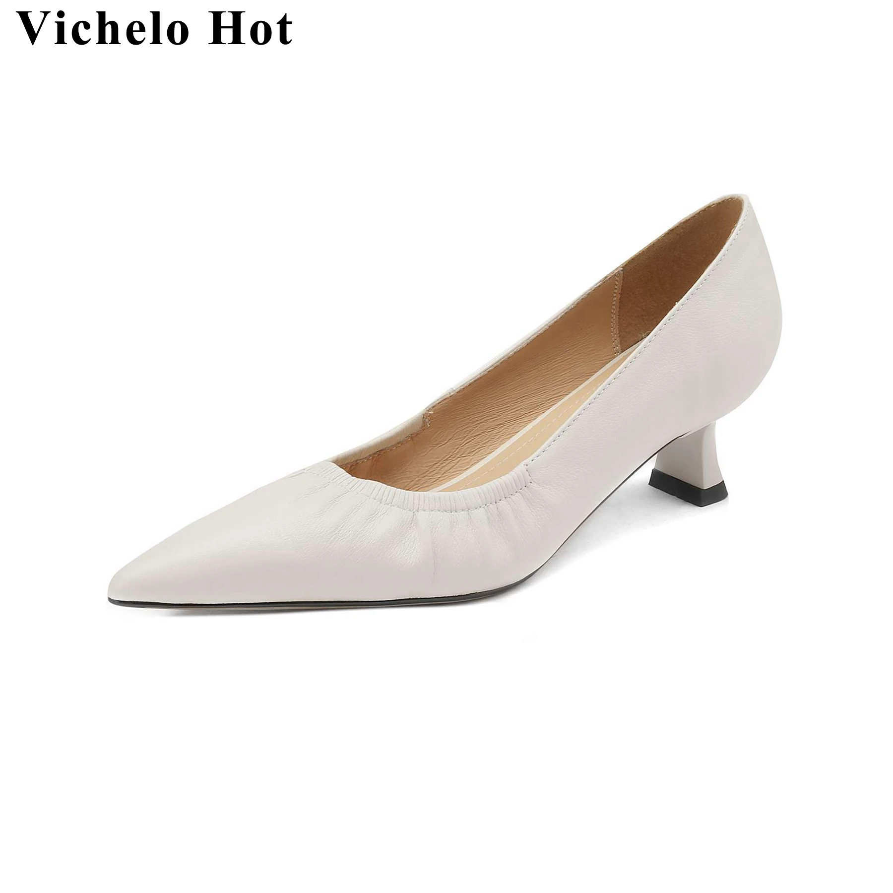 

Vichelo Hot Cow Leather Slip On Shallow Pointed Toe High Heels Spring Autumn Shoes Solid Pleated Office Lady Elegant Women Pumps