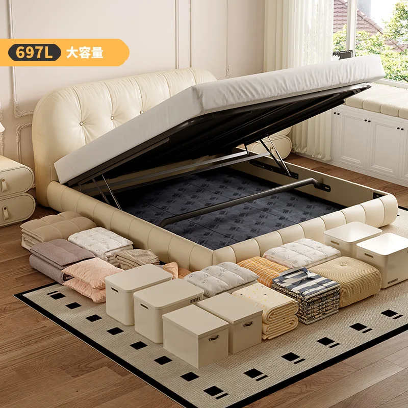French cream small apartment master bedroom pull point soft bag double storage box body large bed leather bed