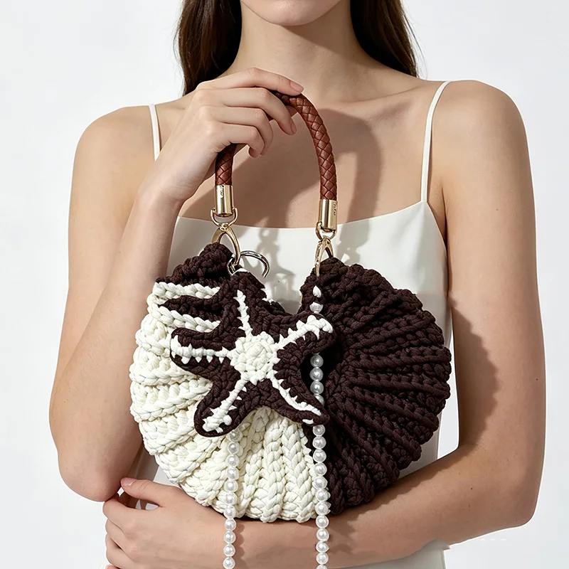 New Handmade Woven Women Conch Shell Crossbody Bag Pearl Chain Crossbody Bag Novel Small Handbag