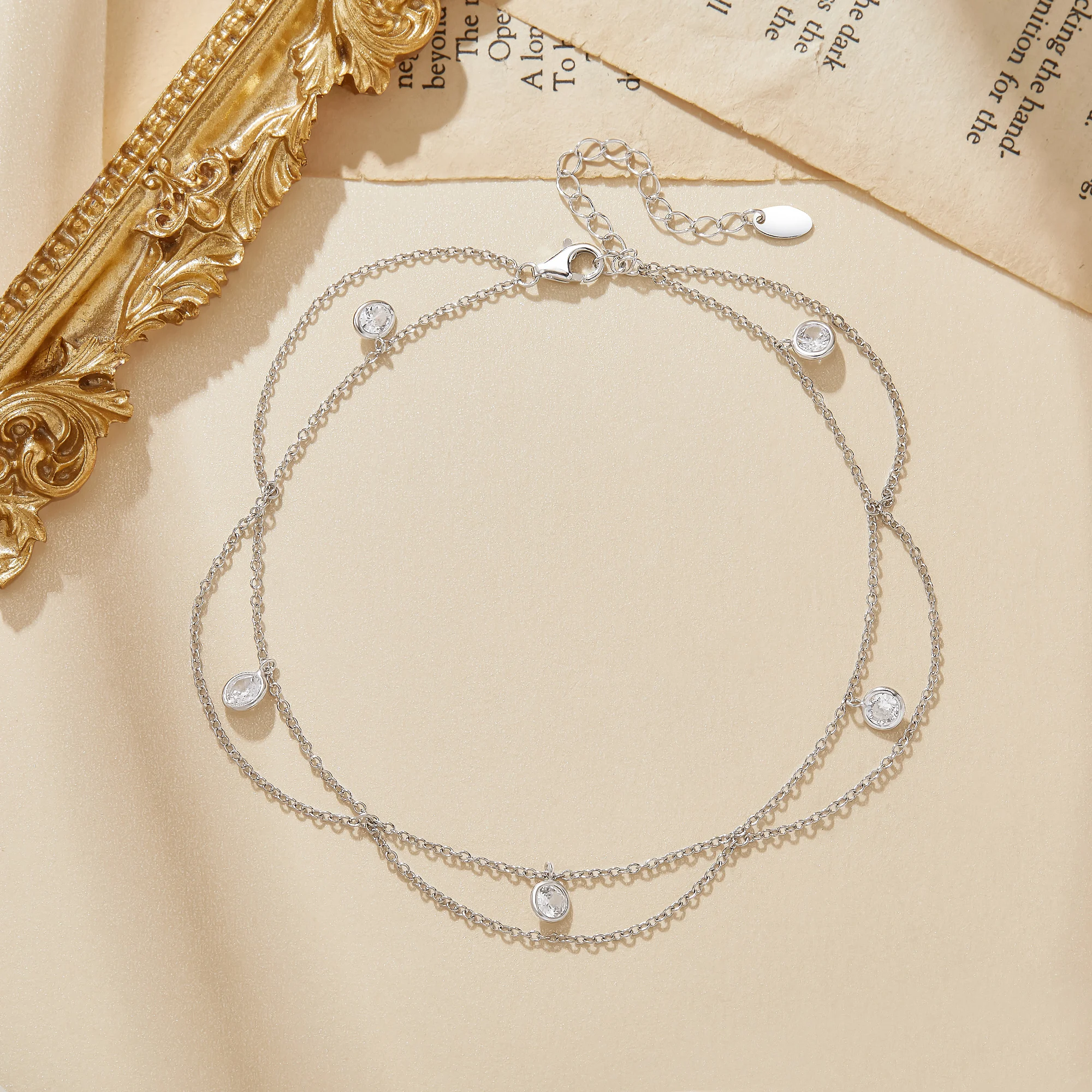 二重層模造ダイヤモンドアンクレット-ソリッド925スターリングシルバーアンクレット-調節可能なフットチェーン-アンクレットブレスレット-ブライダルギフト-6610012