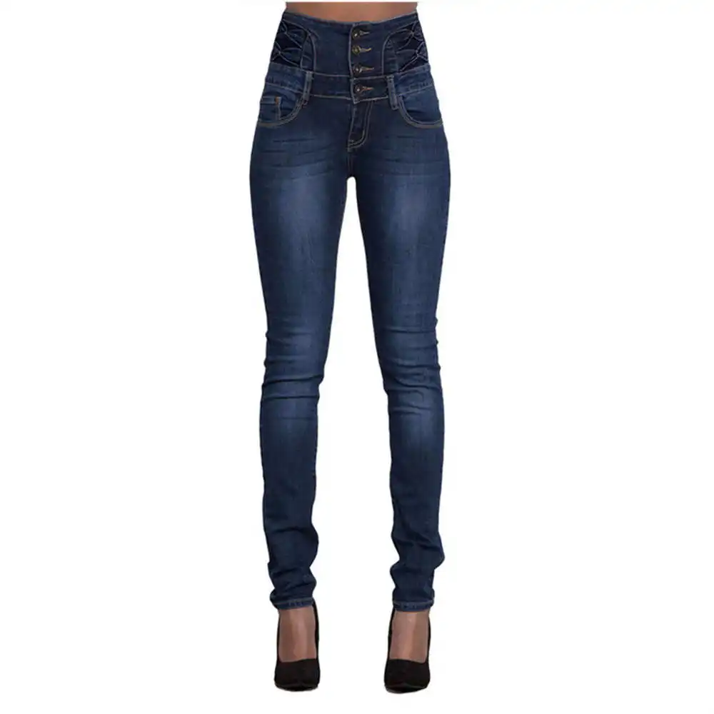 กางเกงยีนส์เอวสูงทรงสกินนี่ผู้หญิง ผ้าเดนิมยืดหยุ่น ทรงสลิมฟิต สไตล์ลำลอง ใส่สบาย ผ้าฝ้าย