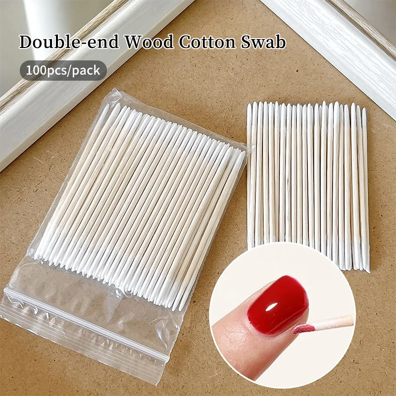 100Pcs Double-end Wood Cotton Swab Disposable Ultra-small Remover Clean Sticks Manicure Tools