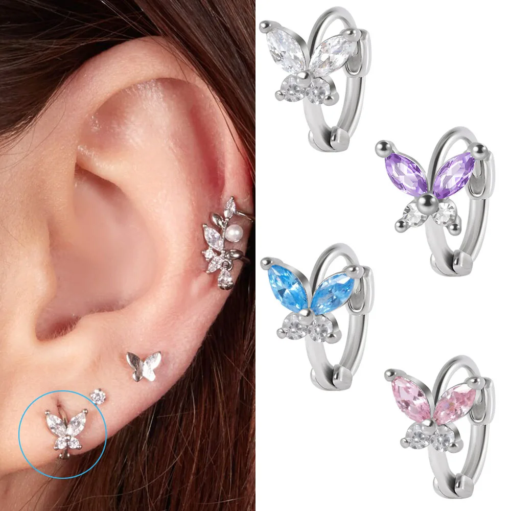 1PC Surgical Steel Butterfly Huggie Hoop Ear Tragus Cz Rook Forward Helix Cartilage Earring Cartilage Clicker Piercing Jewelry